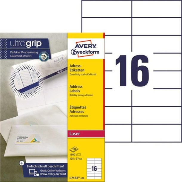 Avery Adresseetiketter - p A4 ark<br>105,0mmx37,0mm - 1600 etiketter<br>Permanente Ultragrib