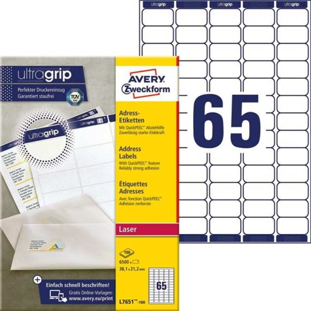 Avery Adresseetiketter - p A4 ark<br>38,1mmx21,2mm - 6500 etiketter<br>Permanente QP+UG