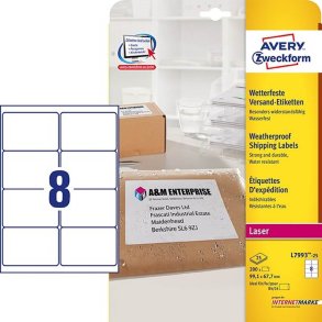 Avery Adresseetiketter - p A4 ark - 99,1mmx67,7mm - 200 etiketter - Vejrbestandige polyester