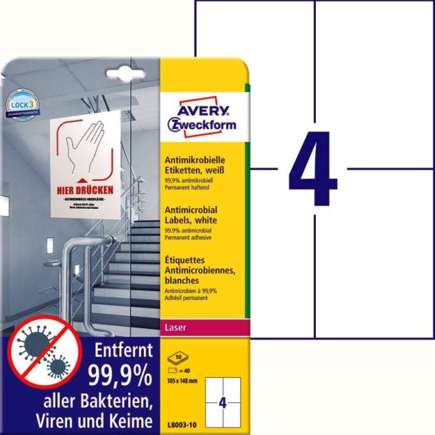 Avery etiketter - hvide p A4<br>105,0mmx148,0mm - 40 etiketter<br>Antimikrobielle folie