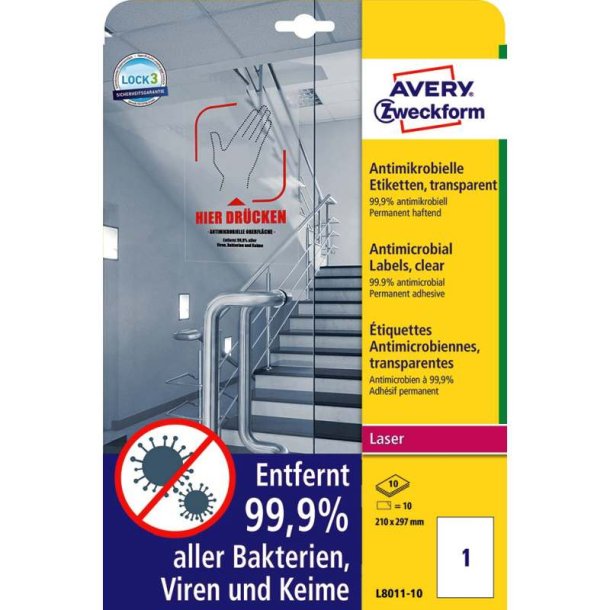 Avery etiketter - transparent p A4<br>210,0mmx297,0mm - 10 etiketter<br>Antimikrobielle folie