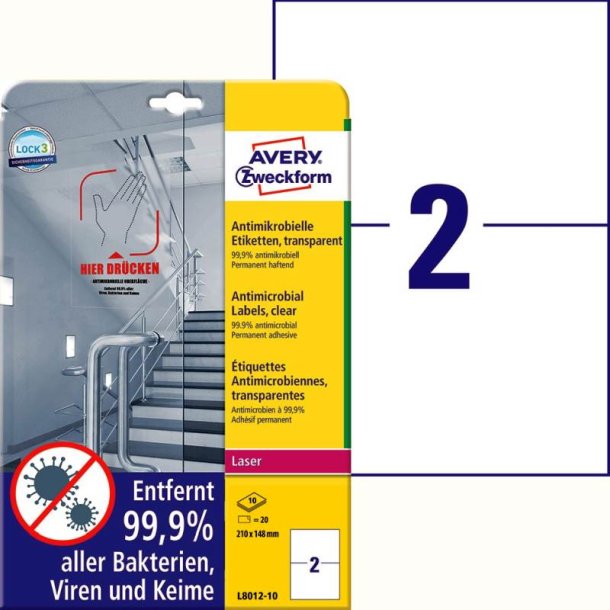 Avery etiketter - transparent p A4<br>210,0mmx148,0mm - 20 etiketter<br>Antimikrobielle folie