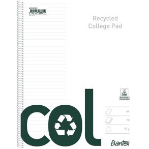 Bantex Kollegieblok - A4 linieret - 70 ark Linjeret sider - Recycled blok med spiralryg