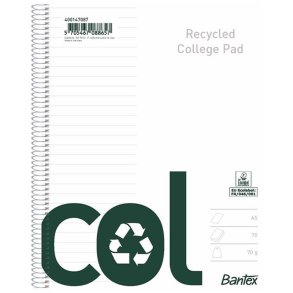 Bantex Kollegieblok - A5 linieret - 70 ark Linjeret sider - Recycled blok med spiralryg