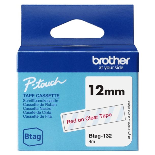 Brother BTAG132 tape - r�d p� klar tape - 12mm - ulamineret