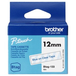 Brother BTAG133 tape - Bl� p� klar tape - 12mm - ulamineret