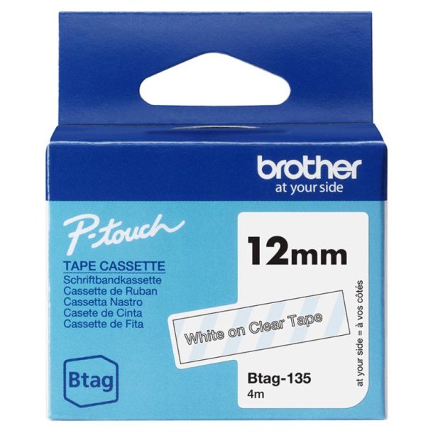Brother BTAG135 tape - Hvid p� klar tape - 12mm - ulamineret