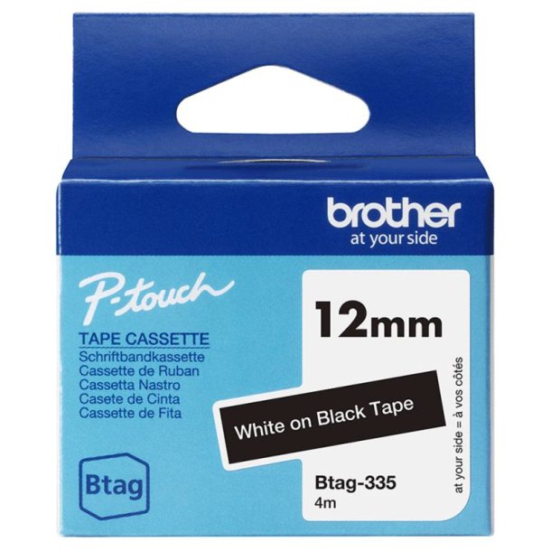 Brother BTAG335 tape - Hvid p� Sort tape - 12mm - ulamineret