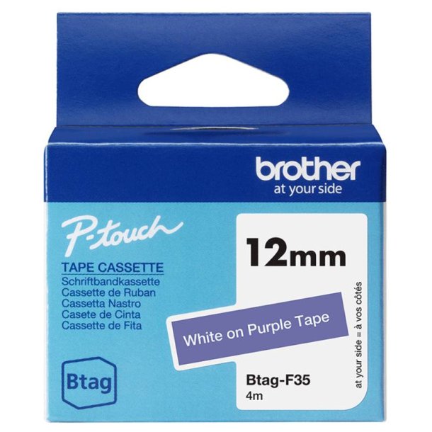 Brother BTAGF35 tape - Hvid p� Lilla tape - 12mm - ulamineret