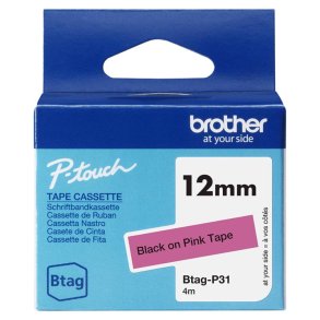Brother BTAGP31 tape - sort p� Pink tape - 12mm - ulamineret