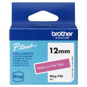 Brother BTAGP35 tape - Hvid p� Pink tape - 12mm - ulamineret