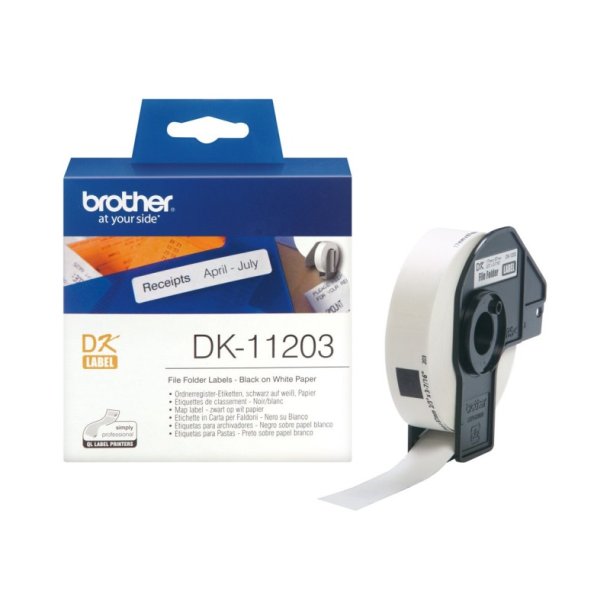 Brother DK-11203 tape - sort tekst p hvid - 17x87mm - Arkivmappe labels - 300 stk. pr. rulle