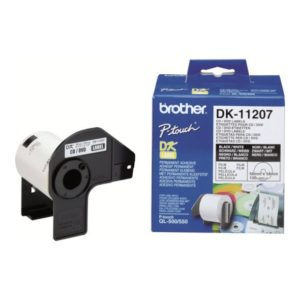 Brother DK-11207 tape - sort tekst p hvid -  58mm - CD/DVD Plast label - 100 stk. pr. rulle