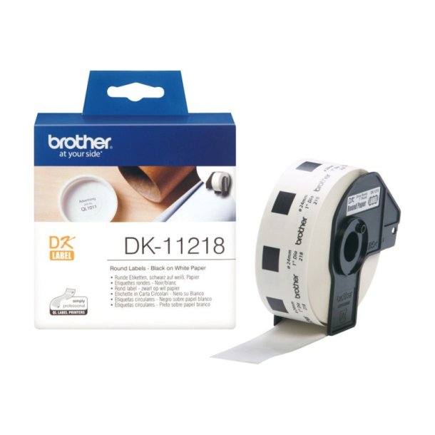 Brother DK-11218 tape - sort tekst p hvid - 24mm - runde udstansede - 1000 stk. pr. rulle