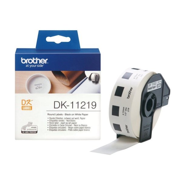 Brother DK-11219 tape - sort tekst p hvid - 12mm - runde udstansede - 1200 stk. pr. rulle