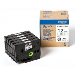 Brother HGE-131V5 tape - sort tekst p� klar - 12mmx8m - HiRes - Lamineret - Pakke med 5 stk.