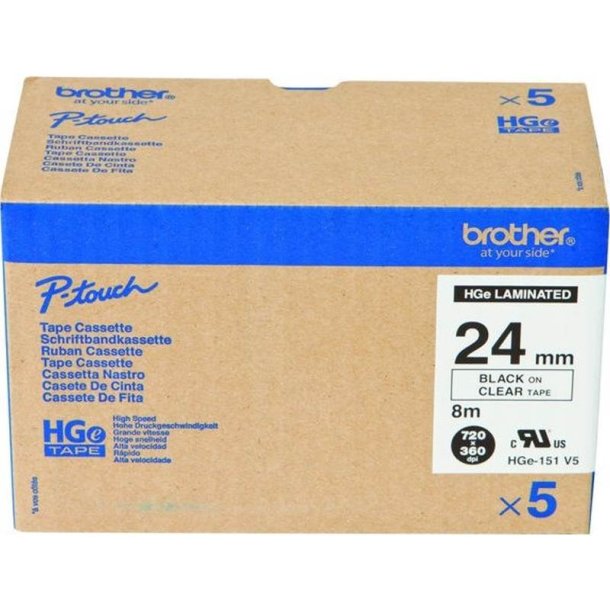 Brother HGE-151V5 tape - sort tekst p klar - 24mmx8m - HiRes - Lamineret - Pakke med 5 stk.