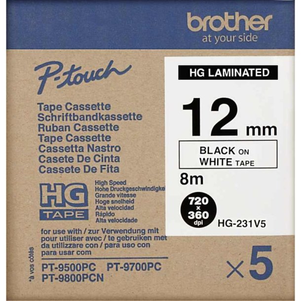 Brother HGE-231V5 tape - sort tekst p hvid - 12mmx8m - HiRes - Lamineret - Pakke med 5 stk.