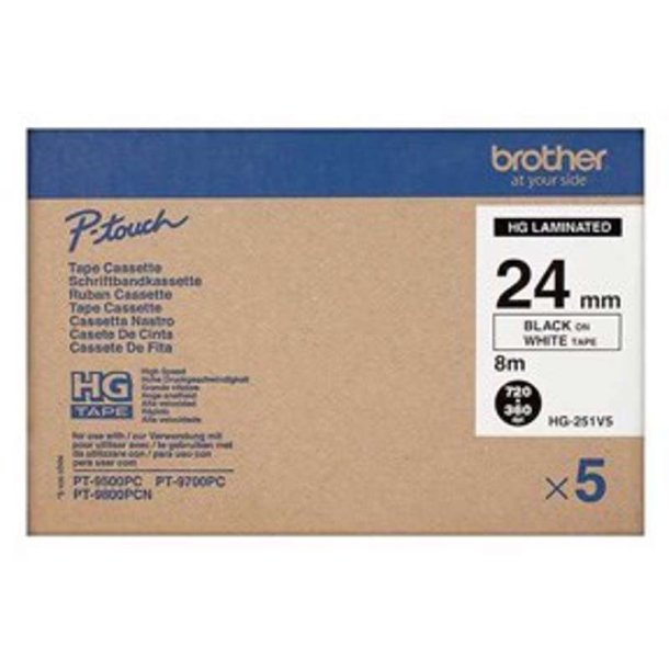 Brother HGE-251V5 tape - sort tekst p hvid - 24mmx8m - HiRes - Lamineret - Pakke med 5 stk.