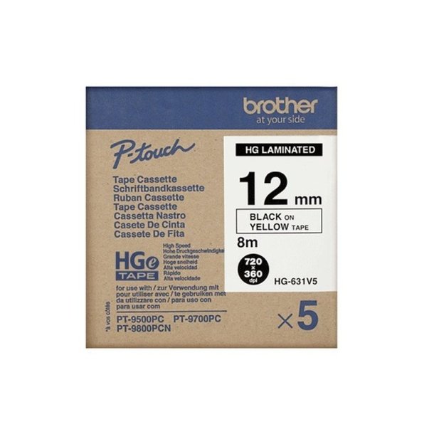 Brother HGE-631V5 tape - sort tekst p gul - 12mmx8m - HiRes - Lamineret - Pakke med 5 stk.