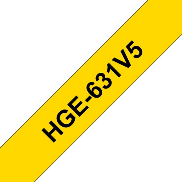 Brother HGE-631V5 tape - sort tekst p gul - 12mmx8m - HiRes - Lamineret - Pakke med 5 stk.