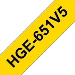 Brother HGE-651V5 tape - sort tekst p gul - 24mmx8m - HiRes - Lamineret - Pakke med 5 stk.