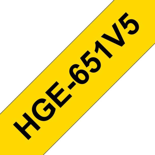 Brother HGE-651V5 tape - sort tekst p gul - 24mmx8m - HiRes - Lamineret - Pakke med 5 stk.