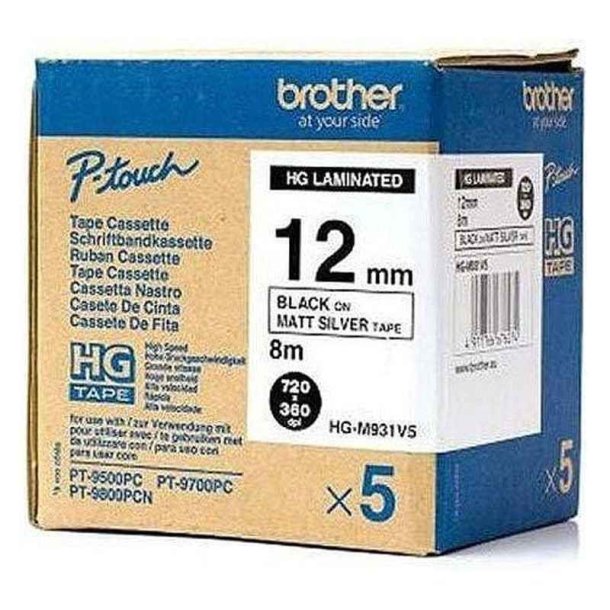 Brother HGE-M931V5 tape - sort tekst p mat slv - 12mmx8m - HiRes - Lamineret - Pakke med 5 stk.