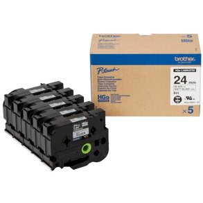 Brother HGE-M951V5 tape - sort tekst p� mat s�lv - 24mmx8m - HiRes - Lamineret - Pakke med 5 stk.