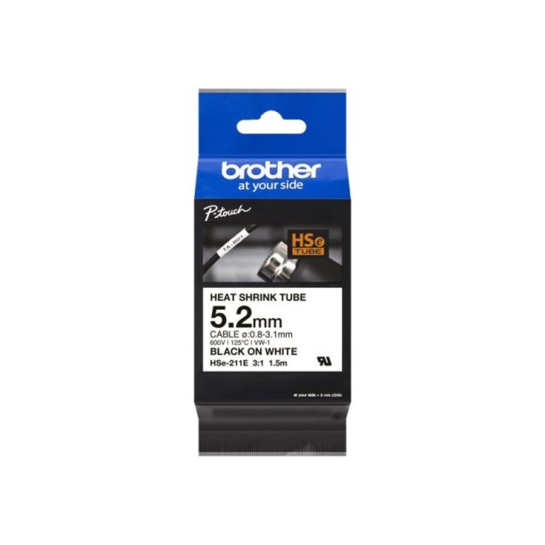 Brother Hse-211E tape - sort tekst p hvid - 5,2mmx1,5m - Krympeflex