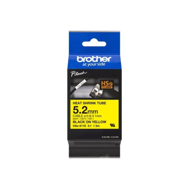 Brother Hse-611E tape - sort tekst p gul - 5,2mmx1,5m - Krympeflex