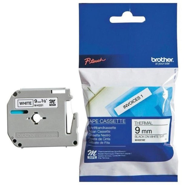 Brother M-K221BZ tape - sort tekst p hvid - 9mmx8m - Ikke Lamineret