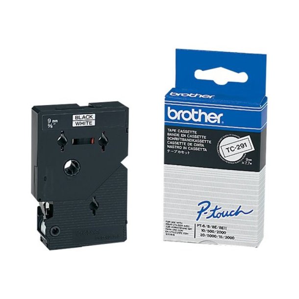 Brother TC-291 tape - Sort tekst p hvid - 9mmx7,7m - Standard lamineret