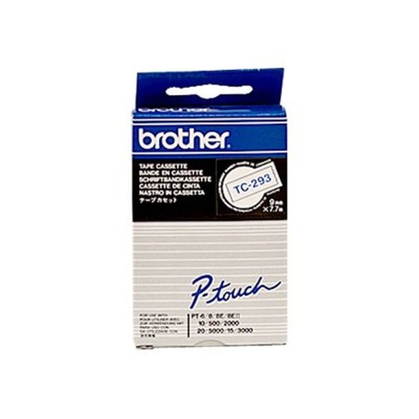 Brother TC-293 tape - bl� tekst p� hvid - 9mmx7,7m - Standard lamineret