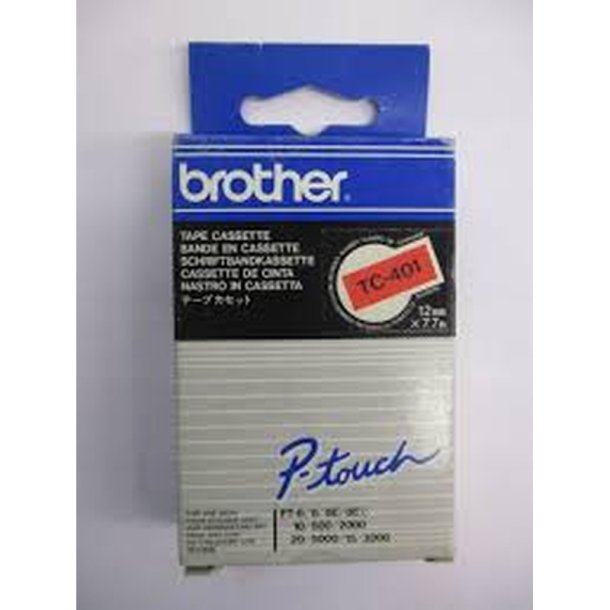Brother TC-401 tape - Sort tekst p rd - 12mmx7,7m - Standard lamineret