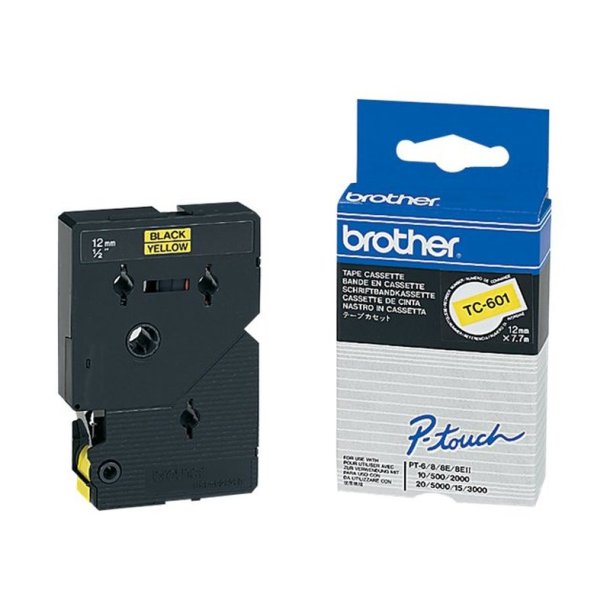 Brother TC-601 tape - Sort tekst p gul - 12mmx7,7m - Standard lamineret