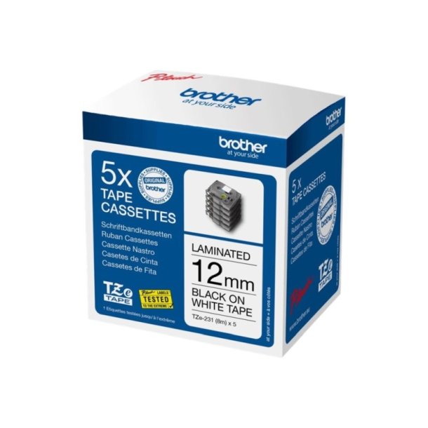 Brother TZe-231M5 tape - sort tekst p hvid - 12mmx8m - standard lamineret - pakke med 5 stk.