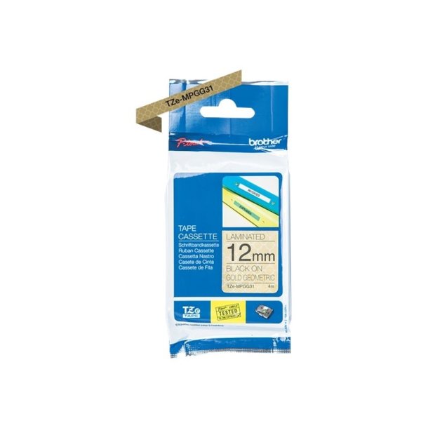 Brother TZe-MPGG31 tape - Sort tekst p guld geometrisk - 12mmx4m - standard lamineret