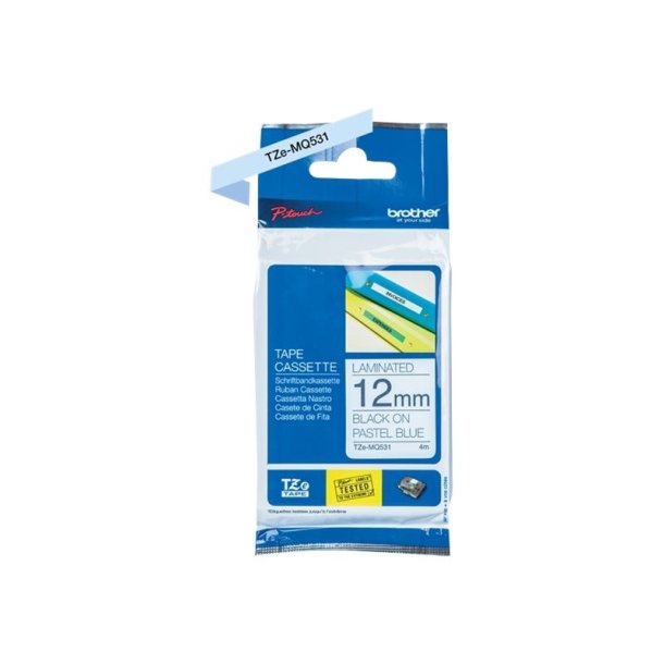 Brother TZe-MQ531 tape - sort tekst p pastelbl - 12mmx8m - Standard Lamineret