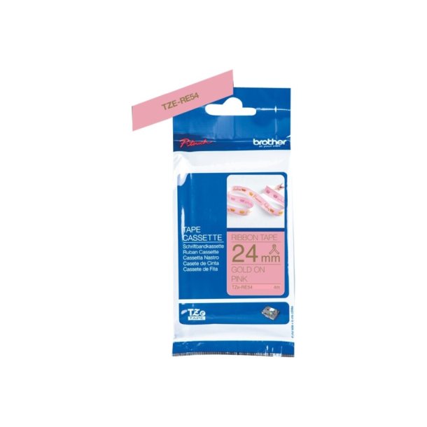 Brother TZe-RE54 bnd - guld tekst p pink - 24mmx4m - satinbnd