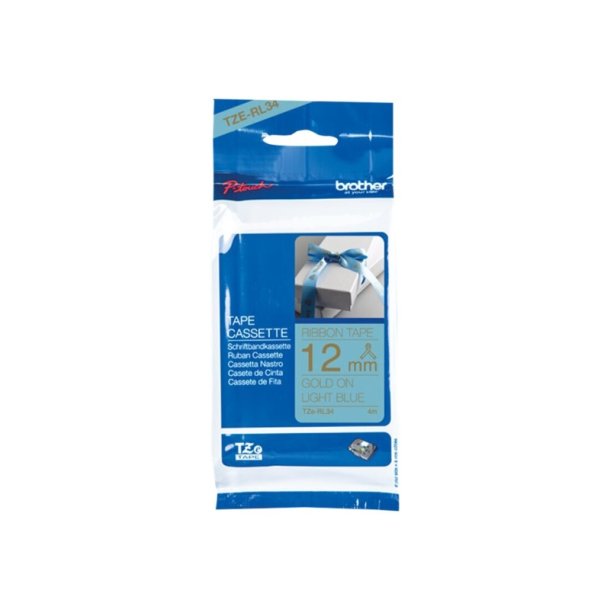 Brother TZe-RL34 bnd - guld tekst p lyseblt - 12mmx4m - satinbnd