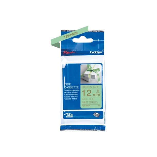 Brother TZe-RM34 bnd - guld tekst p mintgrnt - 12mmx4m - satinbnd