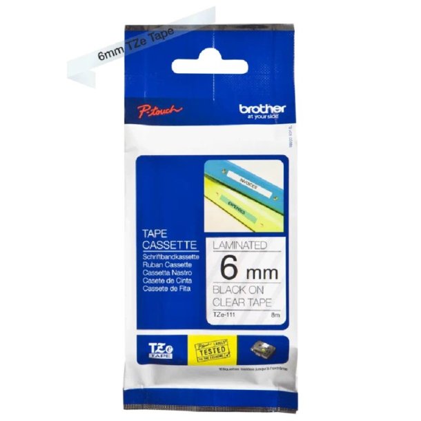 Brother TZe-111 tape - Sort tekst p klar - 6mmx8m - Standard lamineret