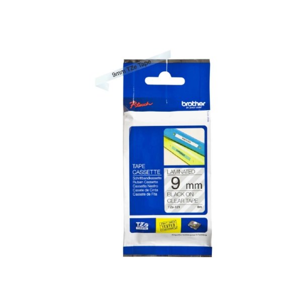Brother TZe-121 tape - Sort tekst p klar - 9mmx8m - Standard lamineret