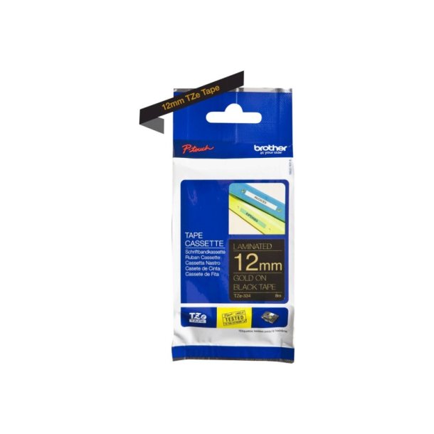 Brother TZe-334 tape - Guld tekst p sort - 12mmx8m - Standard Lamineret