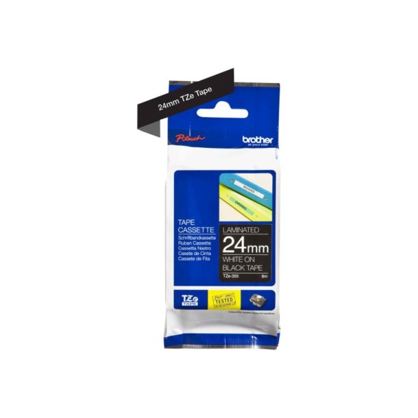 Brother TZe-355 tape - Hvid tekst p sort - 24mmx8m - Standard Lamineret