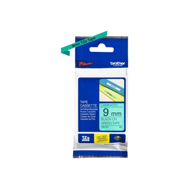 Brother TZe-721 tape - sort tekst p grn - 9mmx8m - Standard Lamineret
