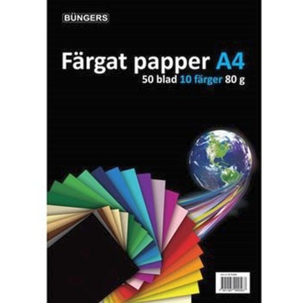 B&uuml;ngers Farvet papir - A4 - 80g - Syrefrit - 10 farver - 50 ark