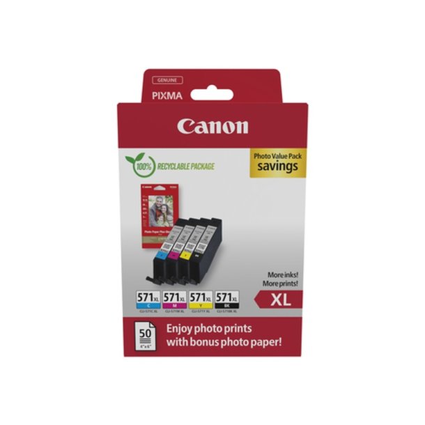 Canon CLI-571XL Foto ValuePack - original - Sort, Cyan, Magenta, Yellow + 50 stk. 10x15cm fotopapir