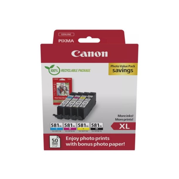 Canon CLI-581XL Foto ValuePack - blkpatron - 8,3ml - S/C/M/Y + 50 stk. Fotopapir